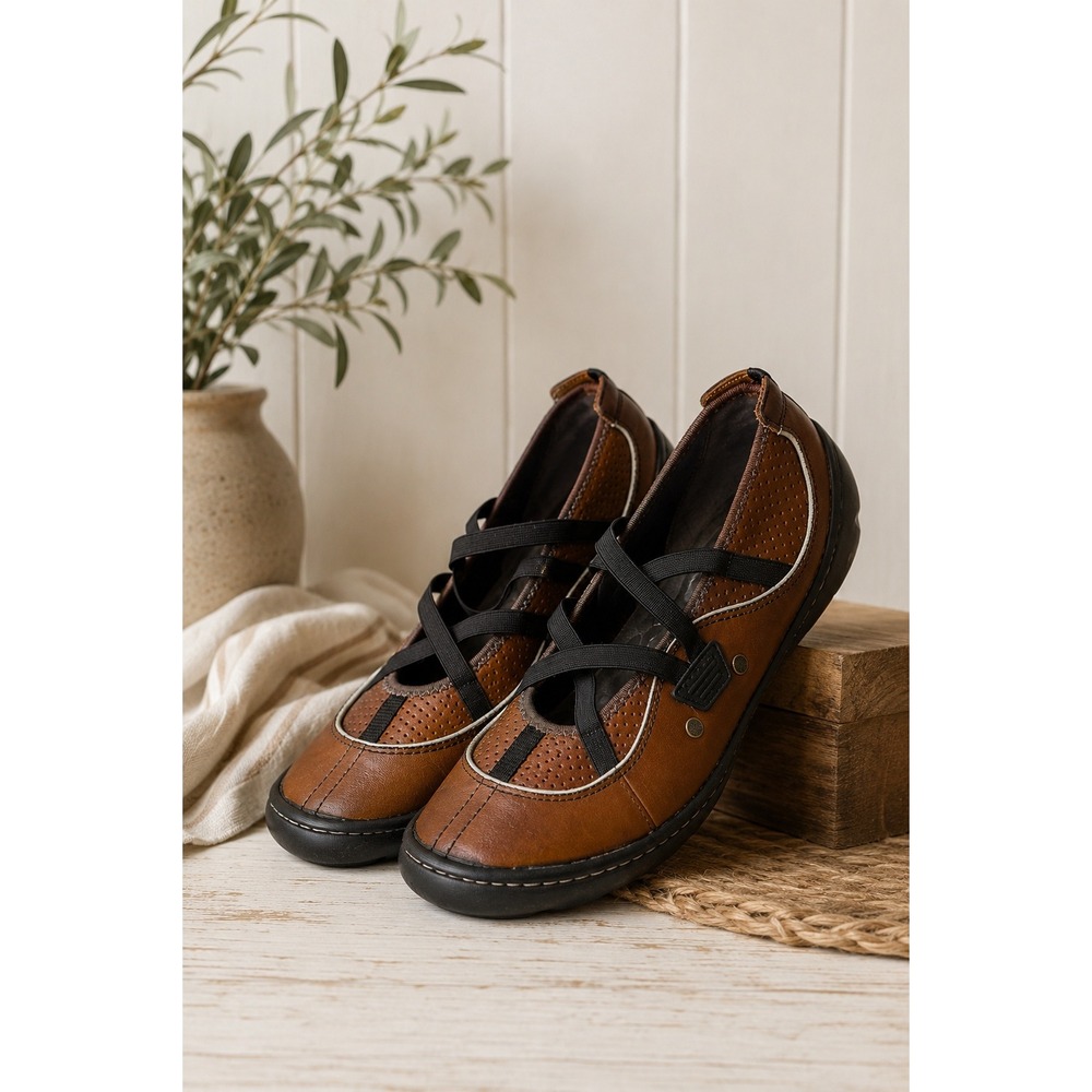 Privo Comfort Leather Mary Jane Flats Brown Elastic Strap Walking Shoes